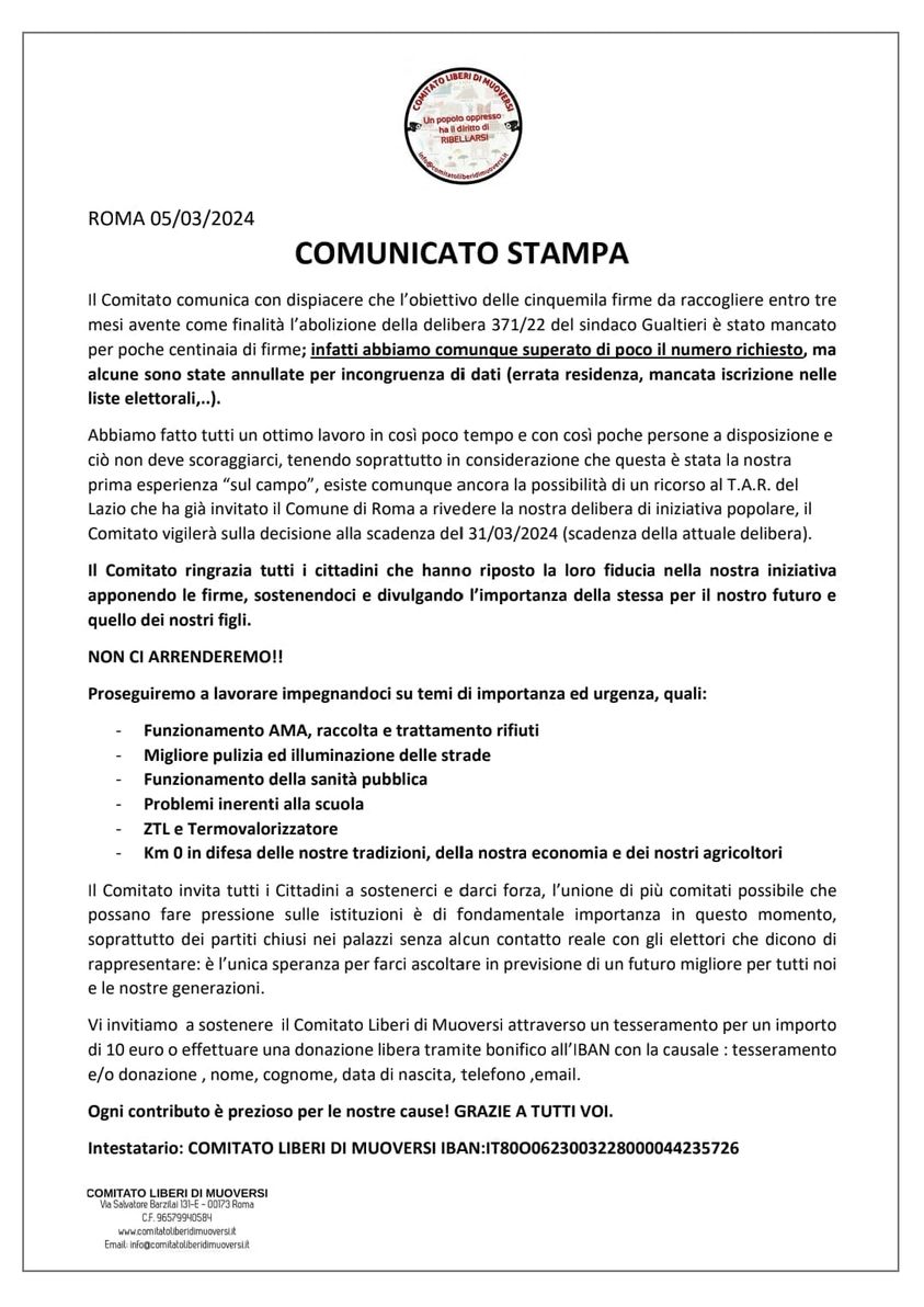 COMUNICATO STAMPA RACCOLTA FIRME ZTL